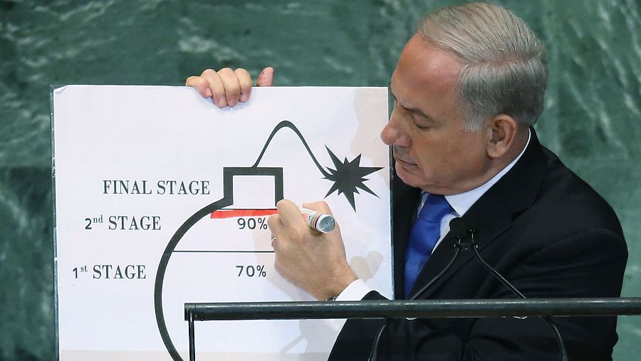 Benjamín Netanyahu, vestido con traje y corbata, dibuja una línea roja sobre un gráfico de una bomba, mostrando las etapas de la misma, en un evento en la Asamblea General.