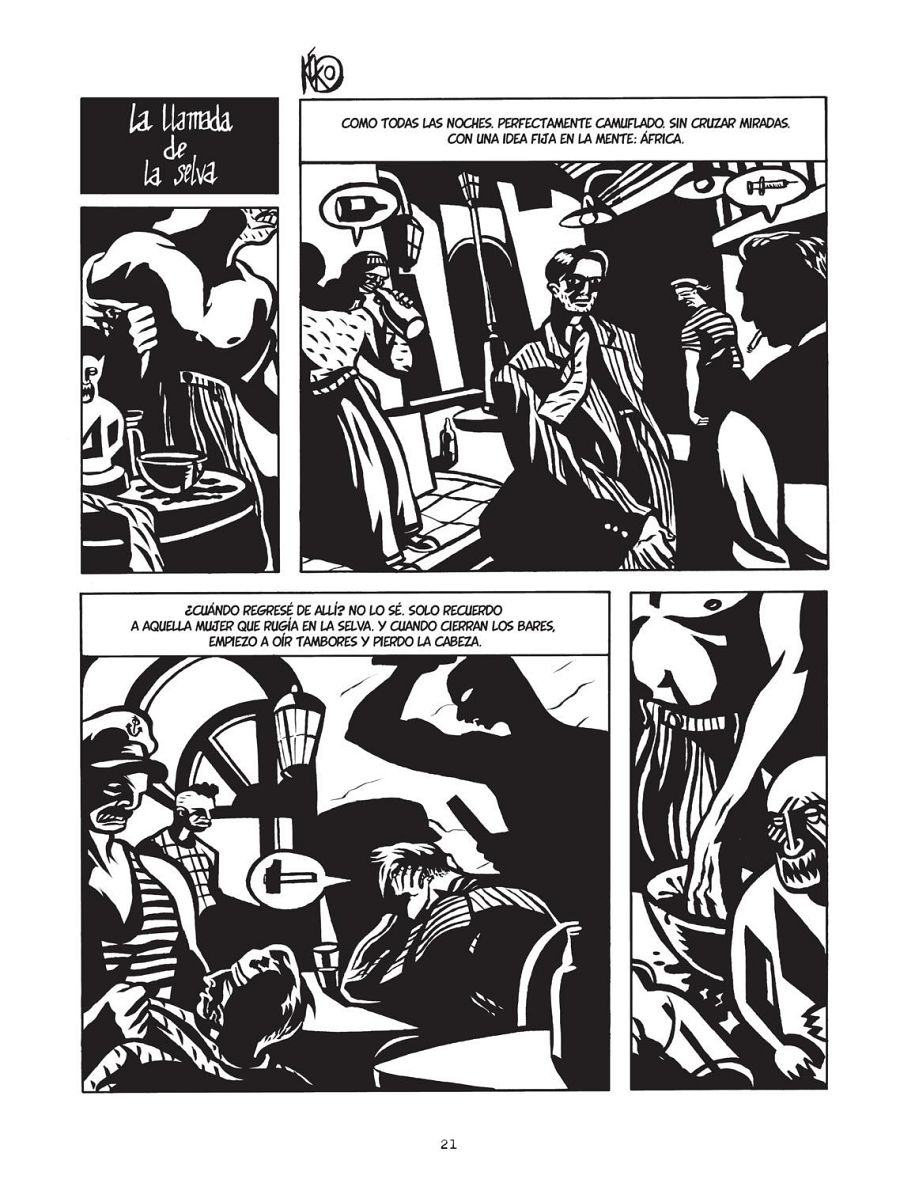 Una página de cómic en blanco y negro con seis viñetas. Las viñetas muestran diversas escenas, incluyendo figuras en un entorno selvático, un hombre en un bar y una escena caótica con figuras humanas.