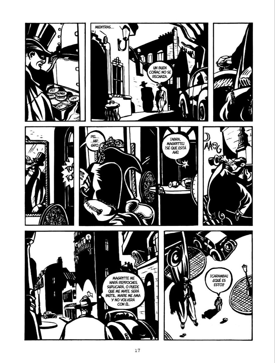 Una página de cómic en blanco y negro presenta seis viñetas con personajes en diversas situaciones. Los diálogos revelan fragmentos de una narrativa, mostrando escenas urbanas y encuentros entre individuos.