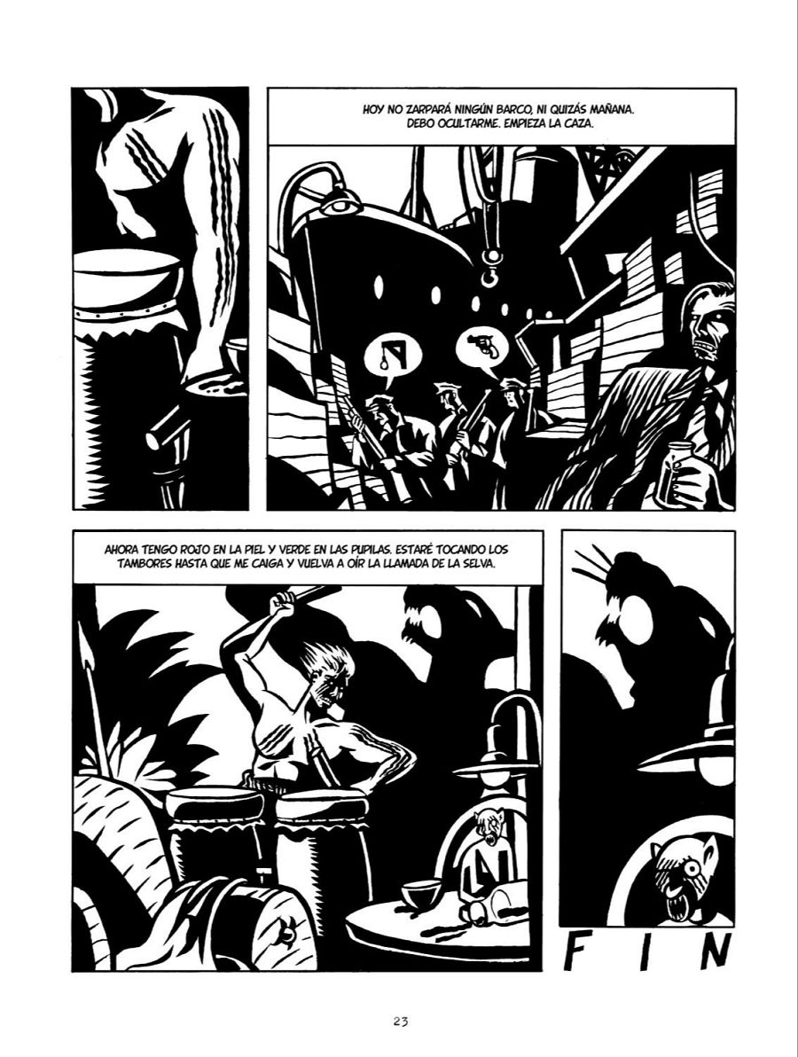 Una página de cómic con cinco viñetas. En ellas se observan hombres, un barco, tambores y un felino. Los textos incluyen frases como 'HOY NO ZARPARÁ NINGÚN BARCO' y 'FIN'.