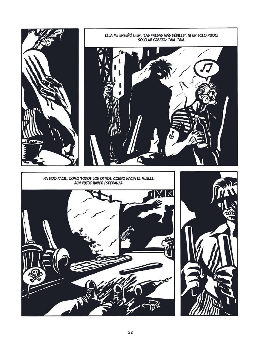 Una página de cómic muestra diversas viñetas. En una, un hombre come; en otra, un hombre con sombrero observa a otro con un tatuaje de ancla que parece estar cantando. Se incluyen textos en bocadillos y descripciones.