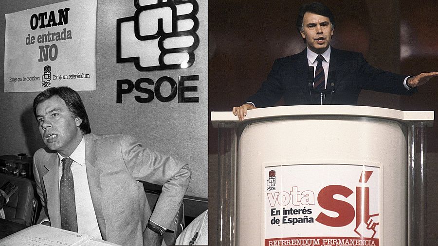 La imagen muestra dos imágenes de Felipe González en relación con la OTAN. En una, en blanco y negro, está sentado frente a un cartel que se opone a la entrada. En la otra, a color, está de pie en un atril promoviendo el voto a favor de la permanencia.