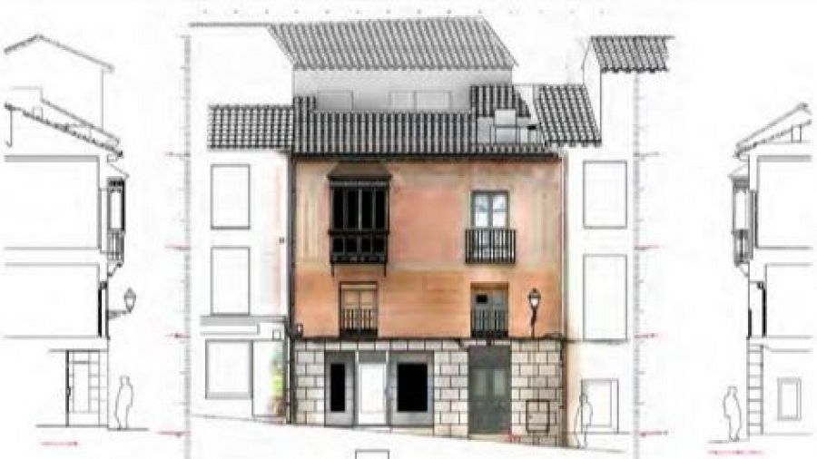 Plano arquitectónico de la fachada principal de una vivienda, mostrando la estructura, puertas, balcones y un local comercial en la planta baja, con representaciones de los edificios colindantes.