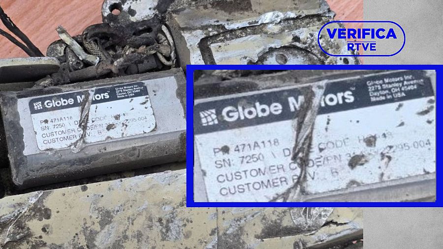 El componente rectangular del proyectil hallado en Minab con el detalle del mensaje "made in USA"