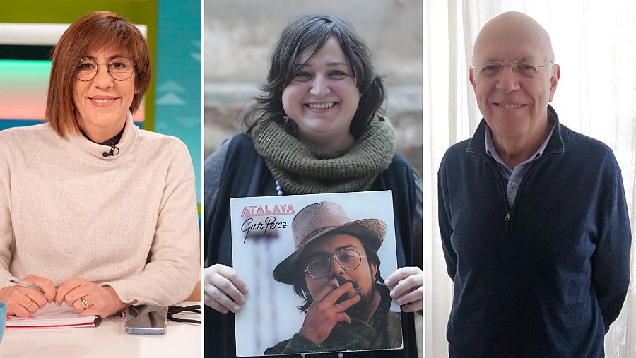 En la imagen se observan tres individuos: una mujer con gafas y jersey crema sentada, otra sonriendo con un vinilo y bufanda verde, y un hombre mayor con gafas y jersey azul oscuro. El título "Voces del documental" aparece en la parte superior.