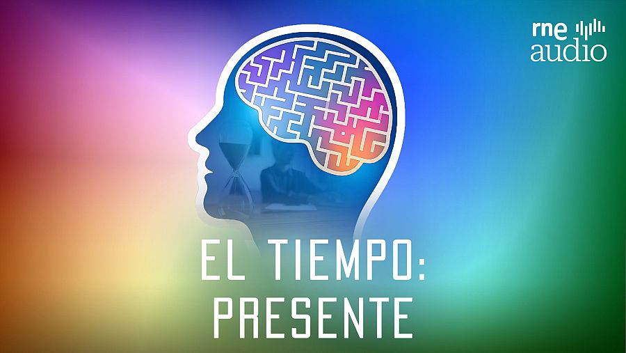 Un diseño para un programa de radio presenta una silueta de cabeza con un reloj de arena y una persona en su interior, con un laberinto multicolor en la zona del cerebro, y el texto "EL TIEMPO: PRESENTE".