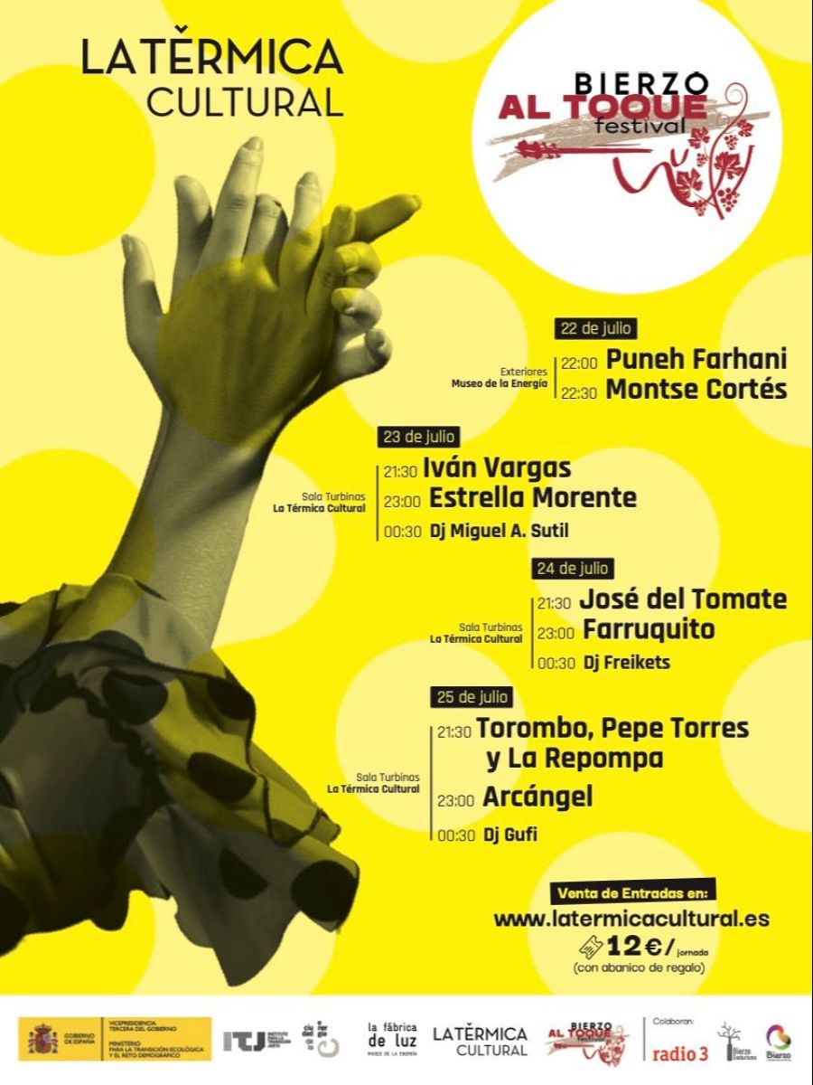 Un cartel promociona un festival con un diseño que muestra dos manos en contacto sobre un fondo amarillo. El evento incluye actuaciones musicales en diferentes espacios.