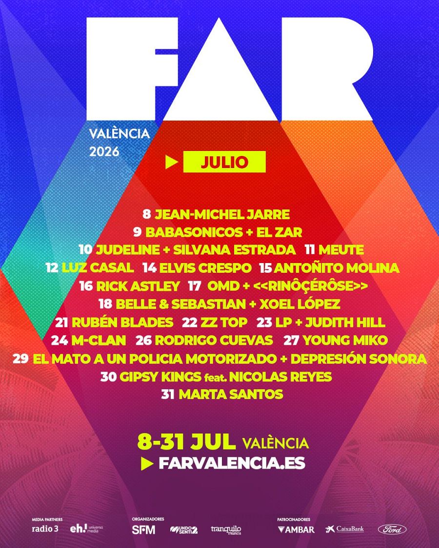 Cartel publicitario del festival FAR València 2026, que se celebrará en julio. El diseño presenta el nombre del festival, las fechas, la lista de artistas y la página web. Se mencionan logos de patrocinadores y colaboradores.