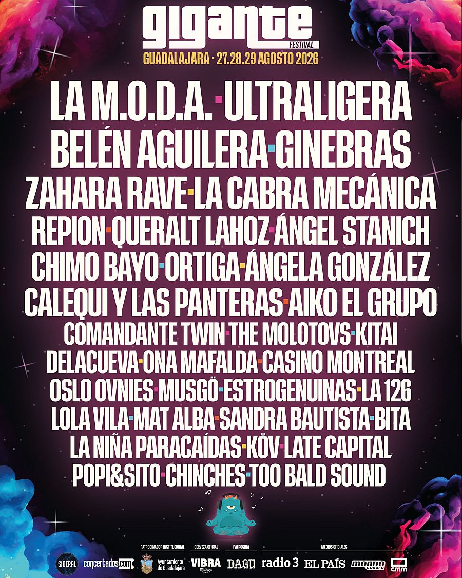 Un cartel promociona un festival de música con un diseño llamativo, presentando un elenco diverso de artistas. El evento se celebrará en una ciudad específica y cuenta con patrocinadores y medios de comunicación asociados.