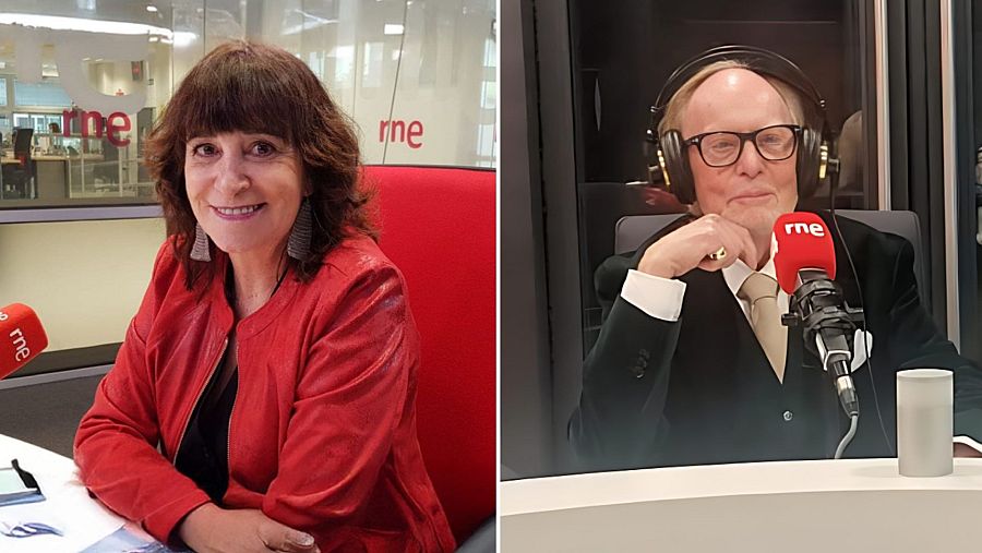 Rosa Montero y Mauricio Wiesenthal, escritores españoles, en un estudio de RNE, cada uno frente a un micrófono profesional.