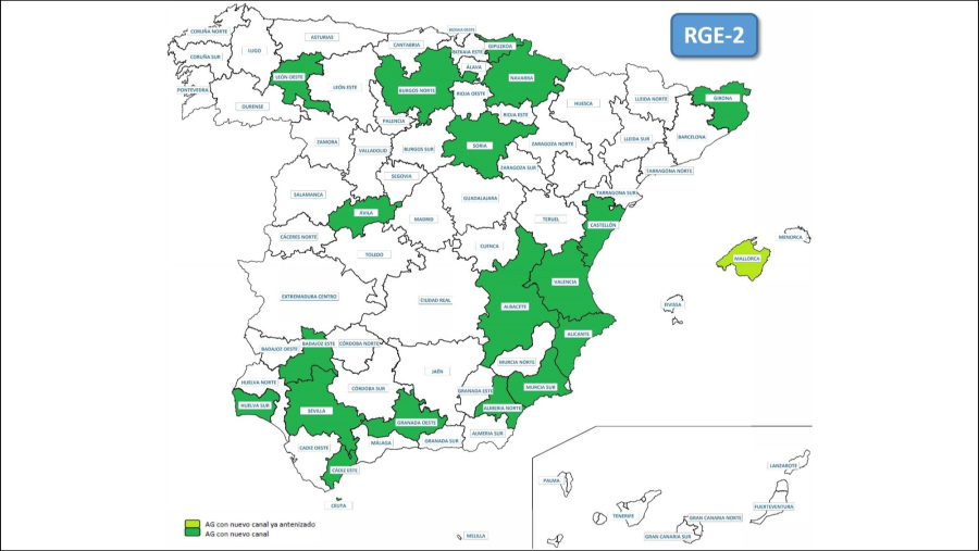 Mapa de España con codificación por colores para "AG con nuevo canal" y "AG con nuevo canal ya autorizado", etiquetado como "RGE-2".