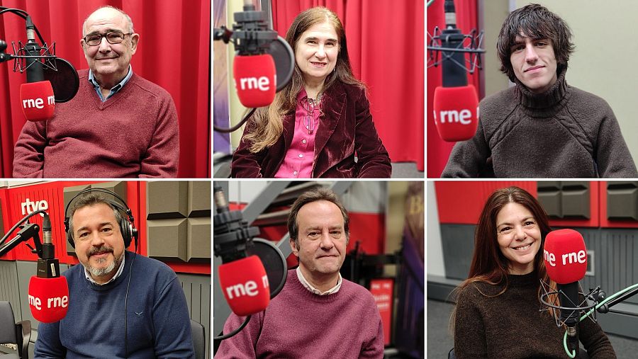 Collage de seis retratos de personalidades españolas en un estudio de radio, con micrófonos "rne" o "rtve". Figuras como Rosa Montero y Juan Ramón Lucas aparecen sonriendo.