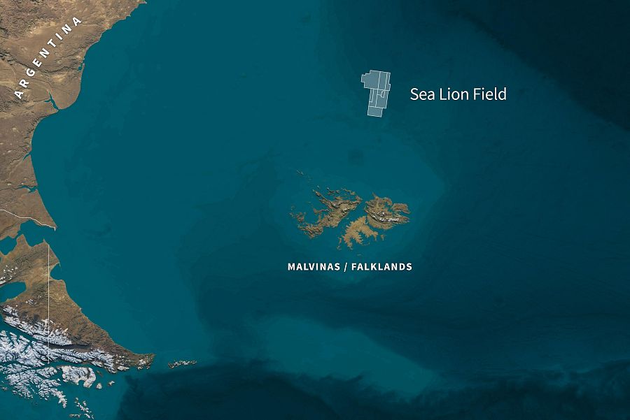 Ubicación del yacimiento petrolífero Sea Lion frente a las islas Malvinas (Falkland Islands), en el océano Atlántico Sur