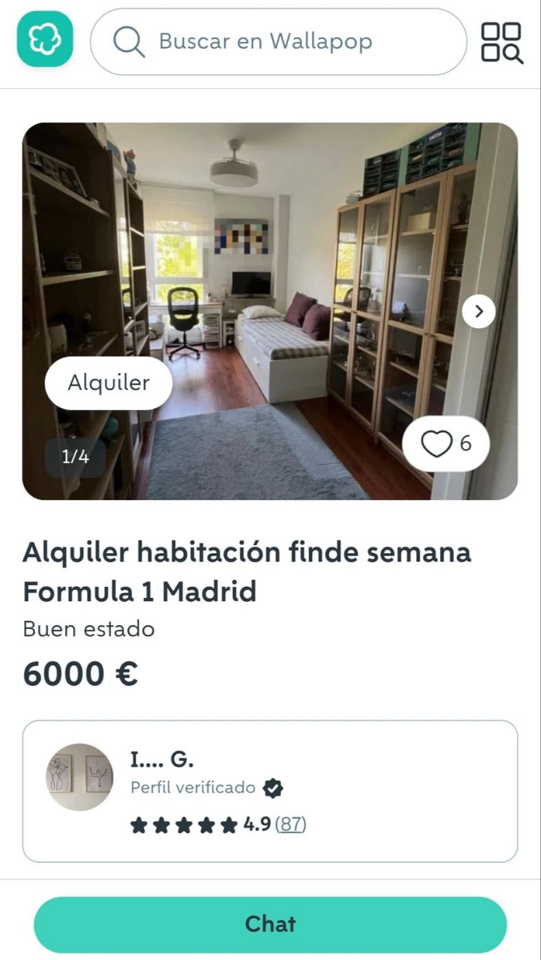 Habitaciones a 6.000 euros por la Fórmula 1 en Madrid