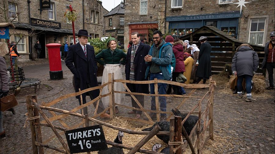 Plaza de Grassington durante el rodaje de la primera temporada