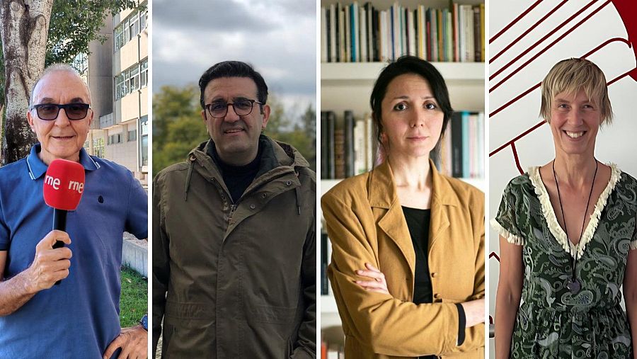 Collage de retratos de Gerardo Sánchez con micrófono de RNE, Farshad Zahedi con abrigo verde, Shirin Salehi ante una librería y Patricia Almarcegui sonriendo con un vestido verde.