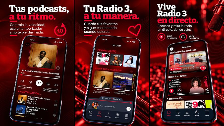 Cartel promocional con tres teléfonos móviles mostrando la interfaz de una aplicación de radio y podcasts sobre un fondo rojo y negro con un micrófono.