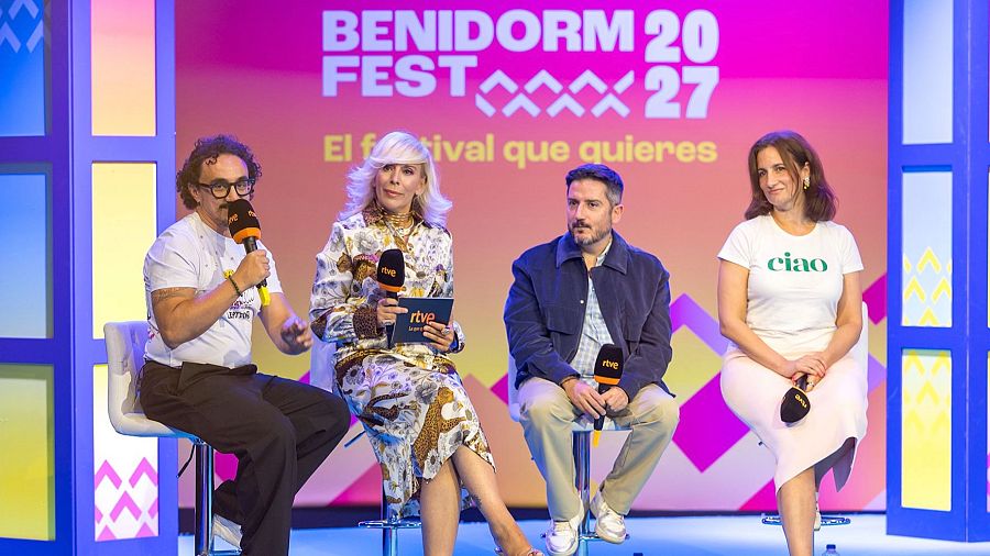 César Vallejo, María Eizaguirre, Sergio Calderón y Melanie Parejo en la presentación del Benidorm Fest 2027