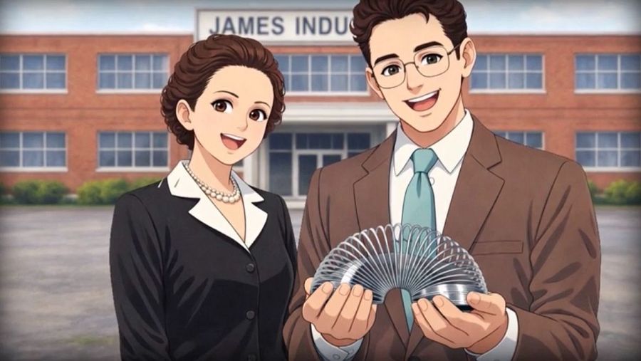Ilustración de un hombre y una mujer sosteniendo un muelle metálico frente a un edificio con el nombre de James Industries.