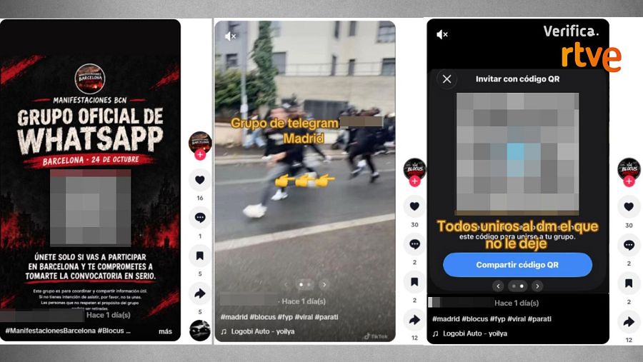 Mensajes en TikTok que remiten a grupos de WhatsApp y Telegram para movilizarse en Barcelona y Madrid el 24 de octubre