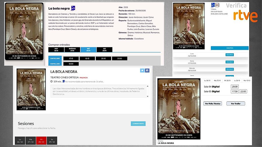 Carteleras de cines en Castilla y León en las que aparece la venta de entradas de La bola negra en días posteriores al 27 de octubre