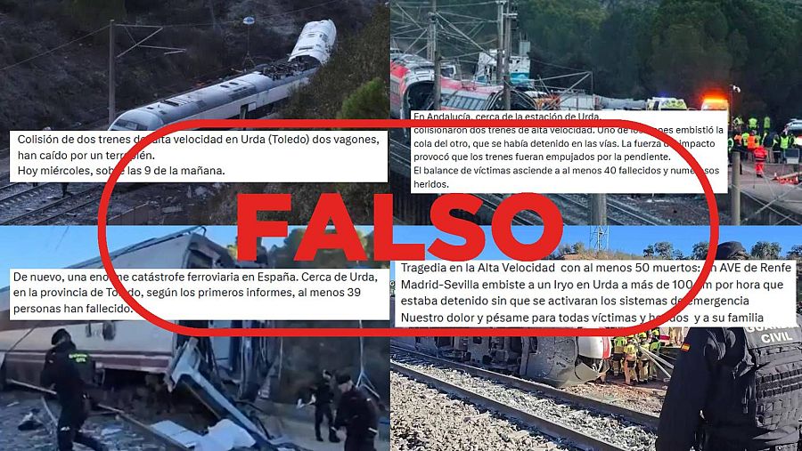 Mensajes de redes sociales que difunden como actuales imágenes del accidente del 18 de enero en Adamuz, Córdoba, con sello 'falso'