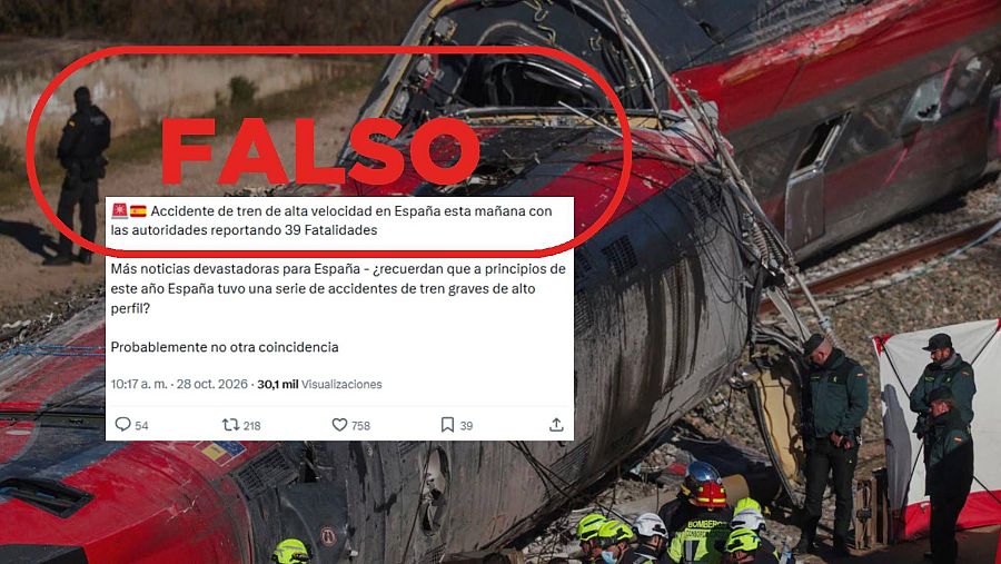 Mensaje de X que difunde una foto como si fuera del accidente de tren de Urda, pero es Adamuz, con sello 'falso'