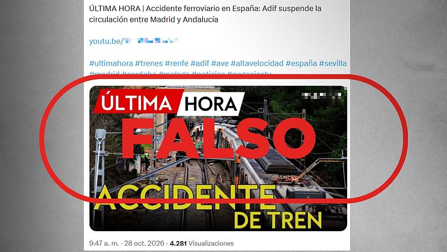 Mensaje de X que informa del accidente de este miércoles con una foto de un tren de Rodalies