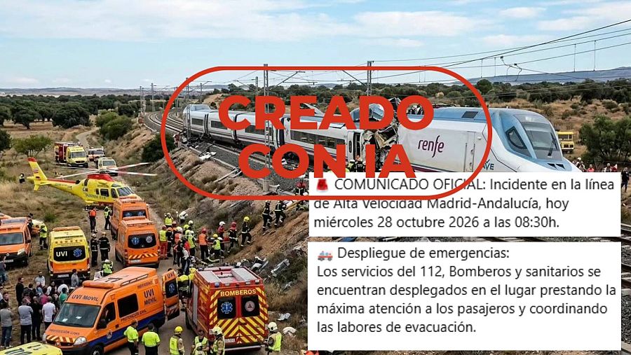 Mensaje de Facebook que difunde como real una imagen creada con IA del accidente de tren en Urda, con sello 'creado con IA'
