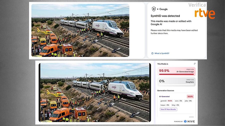 Resultados de Hive Moderation y SynthID sobre la imagen de redes