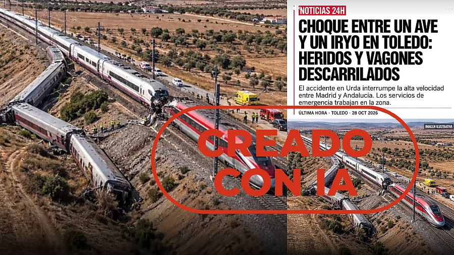 Mensaje de TikTok que difunde una imagen creada con IA del accidente de tren en Urda, con sello 'creado con IA'