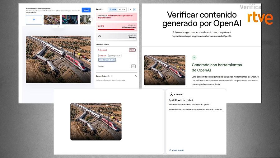 Resultados de Hive Moderation, OpenAI y de Google SynthID sobre la imagen de redes