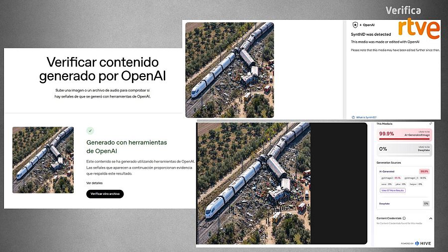 Resultado de las herramientas de detección de IA Hive Moderation, OpenAI Verify y SynthID