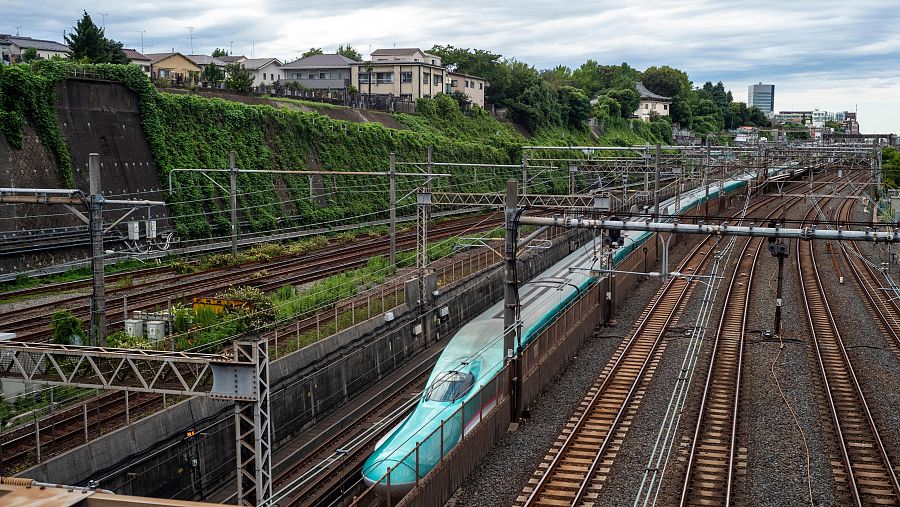 Un tren de alta velocidad japonés Shinkansen circulando por las vías en Tokio