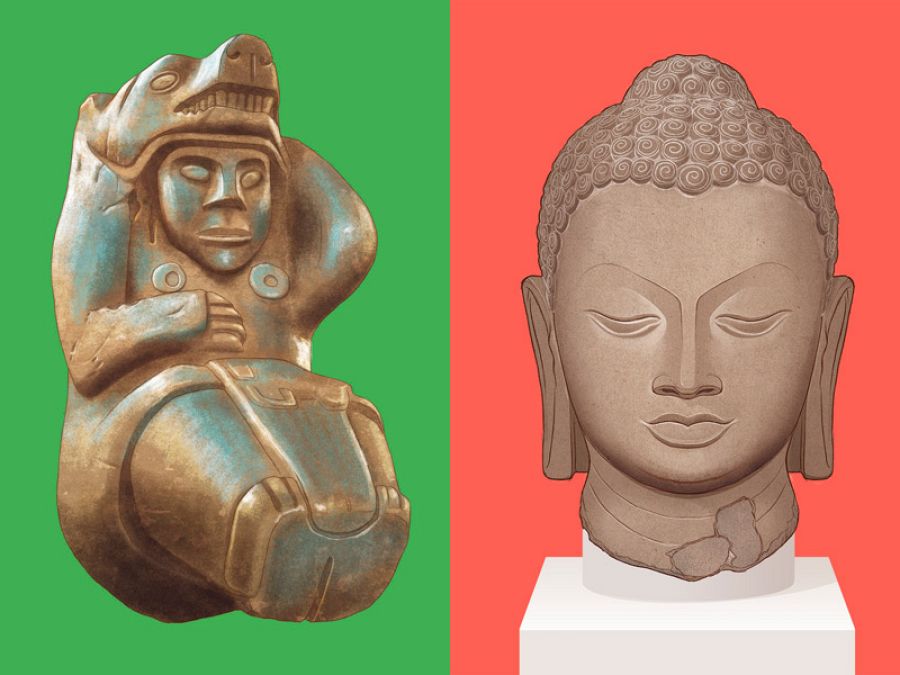 Figurita Wray (Hopewell, EE.UU. 100 a. C. - 400 d. C.) y Cabeza de Buda (India Siglo v d. C.)