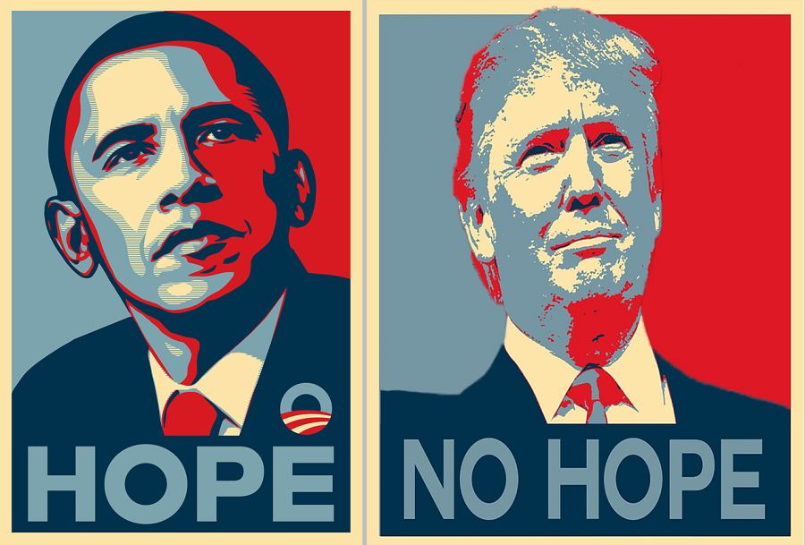 Combinación de imágenes: izquierda, imagen viral de la campaña de Barack Obama en 2008 y el lema "Esperanza"; derecha, uno de los 'memes' de Internet con la imagen de Donald Trump y el lema "Sin esperanza" (fuente: redes sociales)