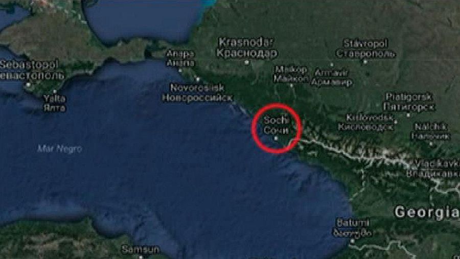 Mapa del Mar Negro y la ciudad de Sochi, Rusia, de donde partió el avión