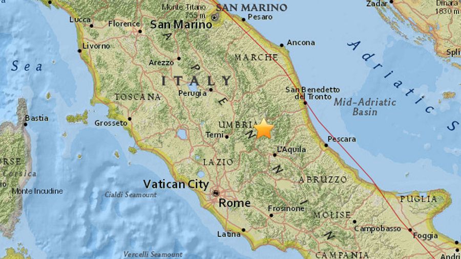 Mapa del Servicio Geológico de los Estados Unidos que muestra el epicentro del terremoto en Italia.
