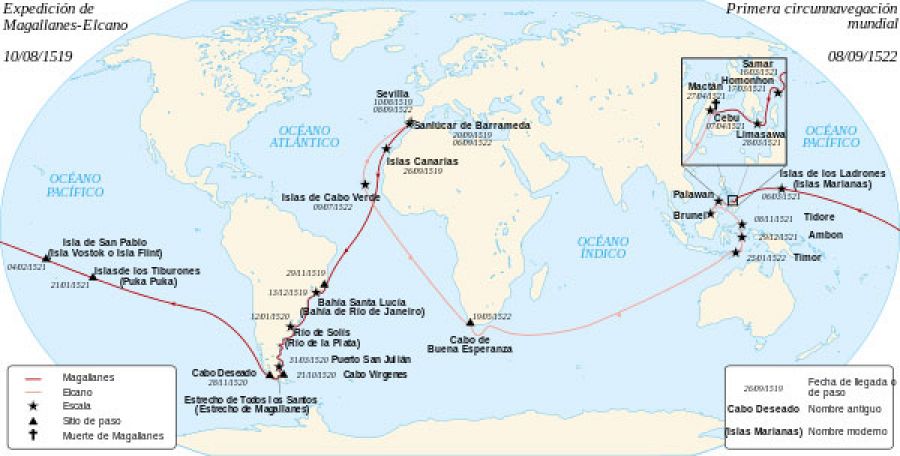 Ruta de la circunnavegacion de Magallanes y Elcano