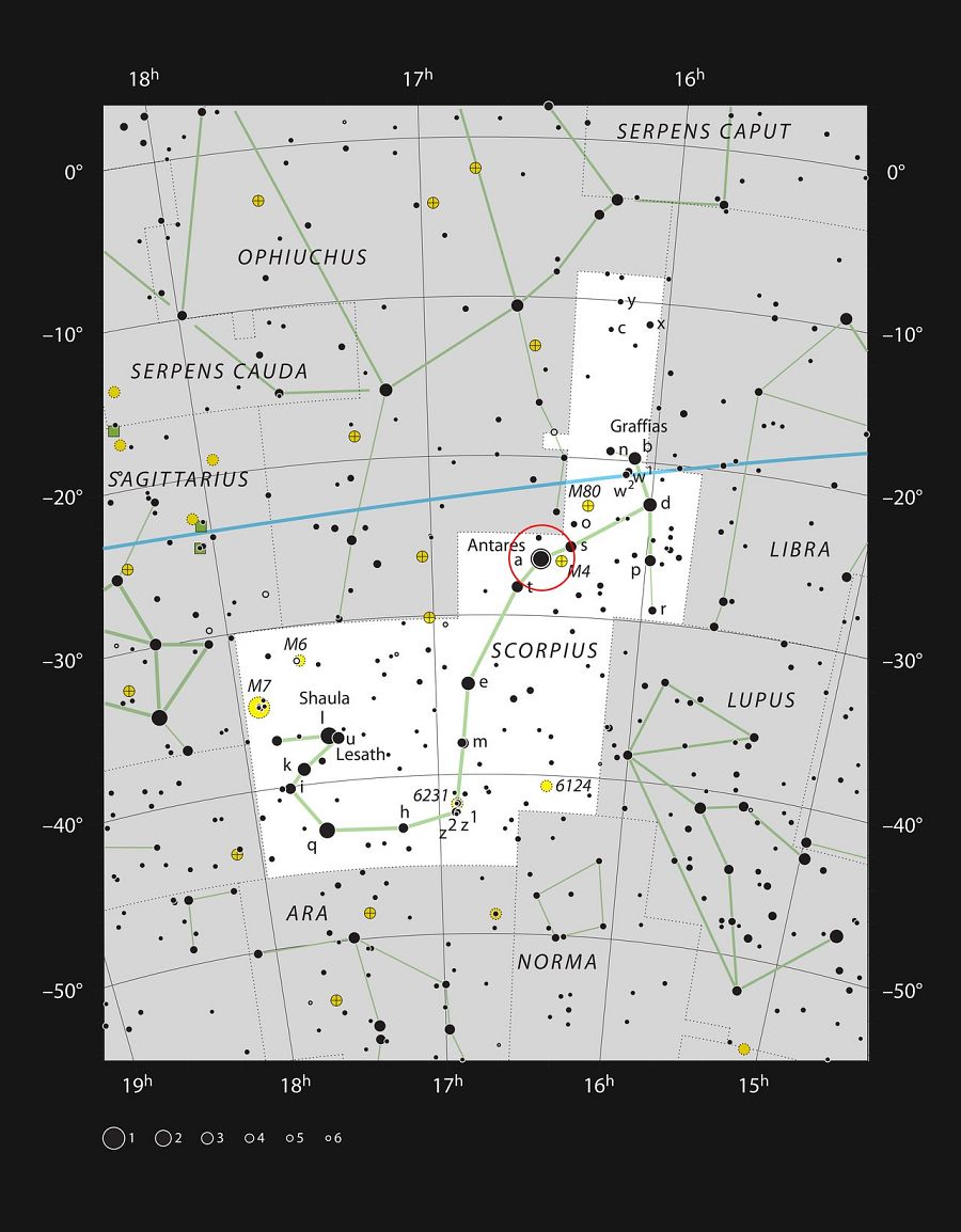 Gráfico que muestra la constelación de Escorpio. En el corazón de este grupo de estrellas se encuentra la supergigante roja Antares. ESO
