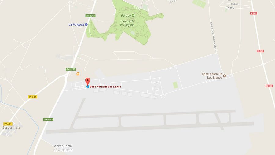Mapa con la localización de la base aérea de Los Llanos y el parque de La Pulgosa, en Albacete (Google Maps)