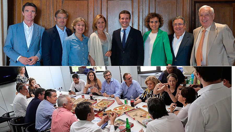 Pablo Casado y Soraya Sáenz de Santamaria, escenificando en sendas comidas el apoyo de varios exministros del Gobierno del PP.