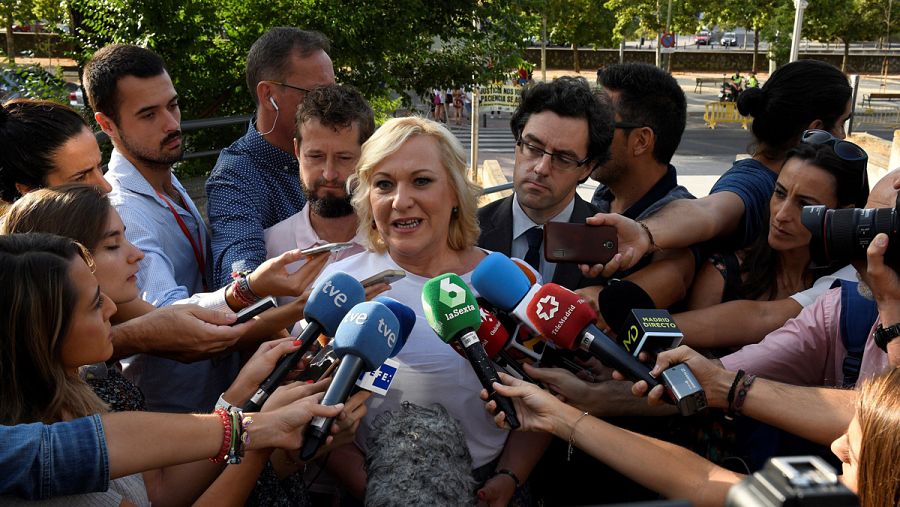Inés Madrigal atiende a los medios a su llegada esta mañana a la Audiencia Provincial de Madrid
