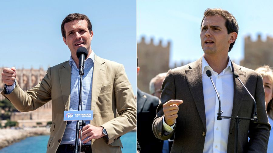 Pablo Casado, en un acto electoral en Palma y Albert Rivera atendiendo a los medios en Ávila, el 14 de mayo.