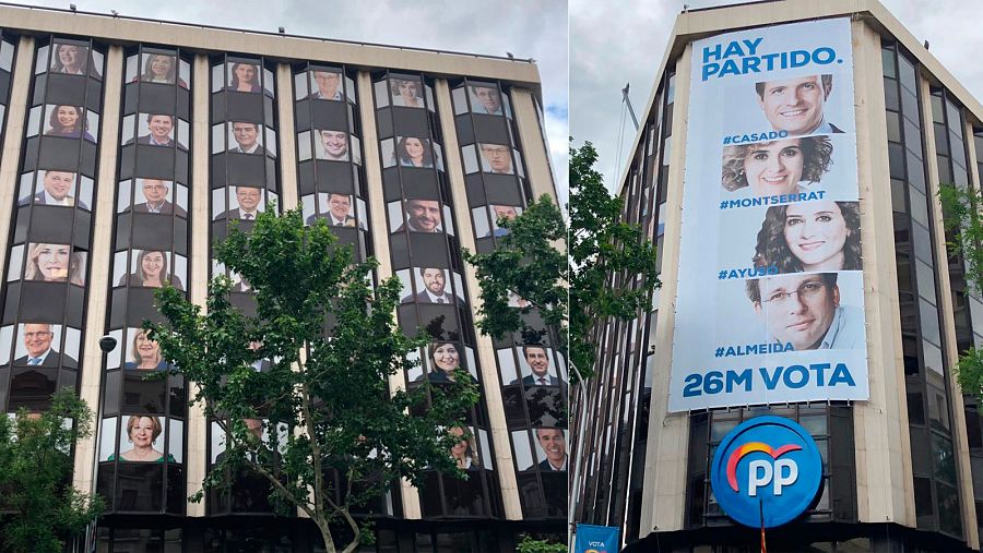 El PP despliega nuevas pancartas en su sede nacional en Madrid para las elecciones del 26M.