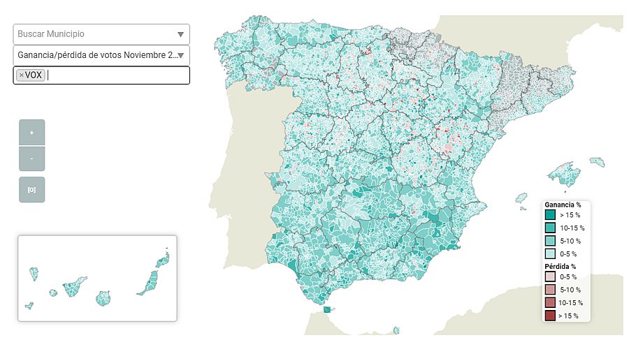 Ganancia y pérdida de votos (en %) de Vox entre las elecciones del 28A y el 10N