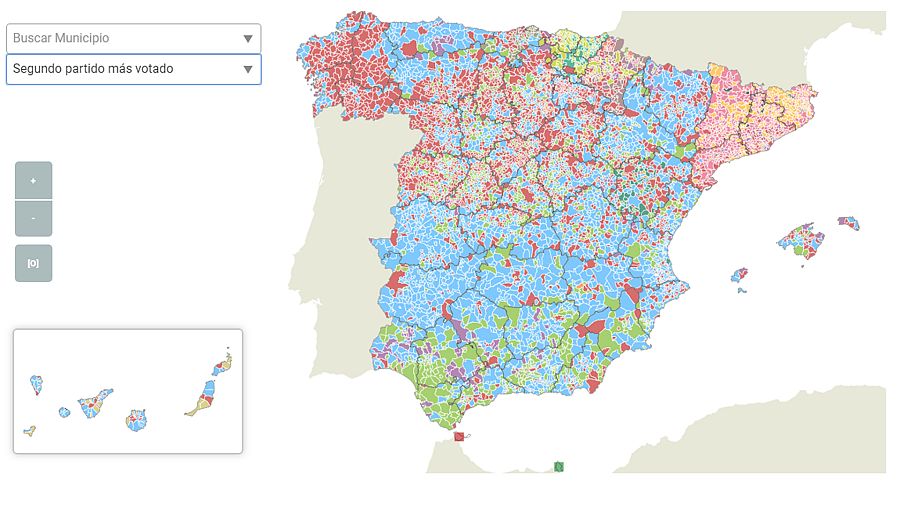 Mapa resultados electorales: El segundo partido más votado en cada municipio español el 10N. Vox aparece en verde.