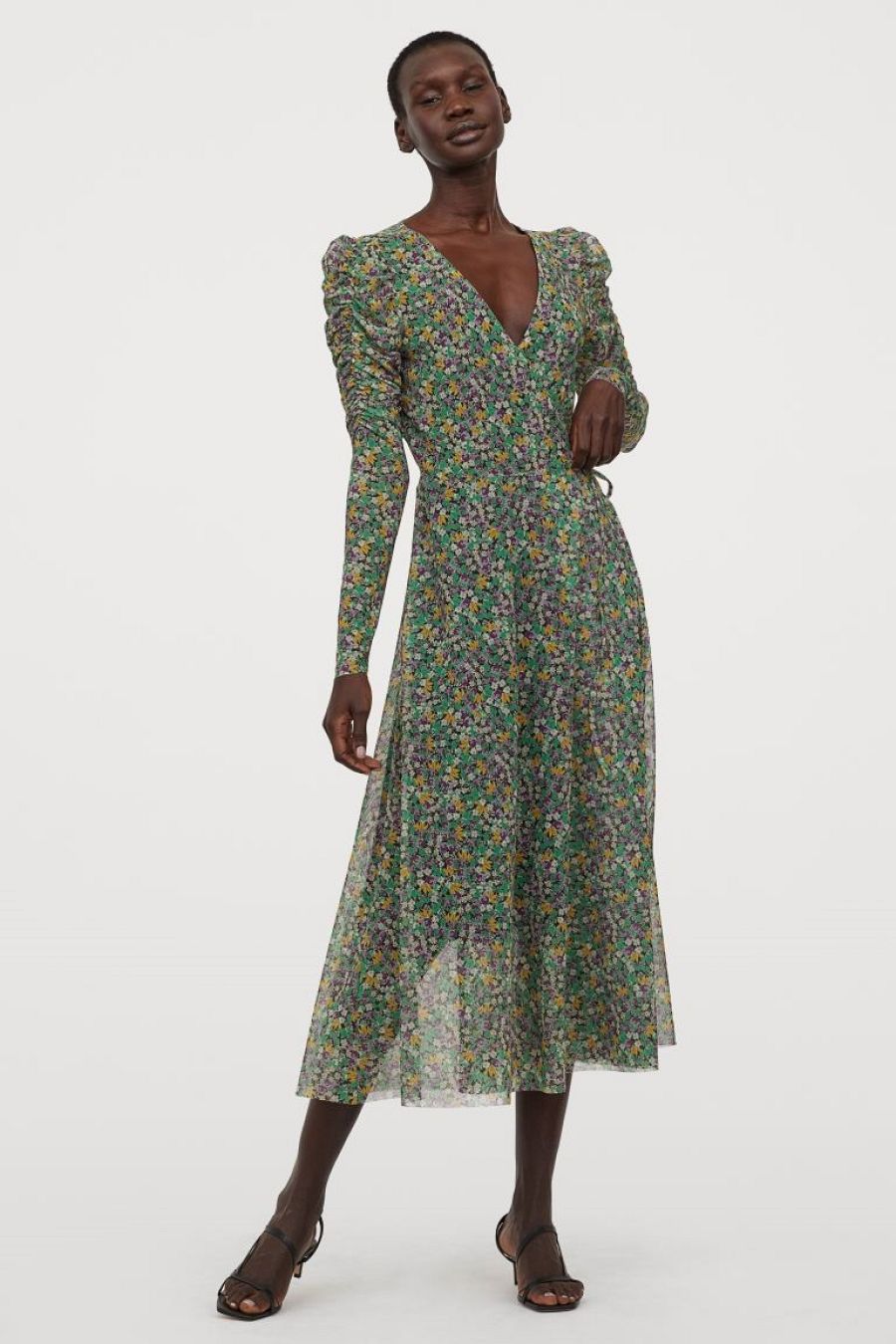 Vestido de manga abullonada, de gasa, estampado floral y corte midi de
