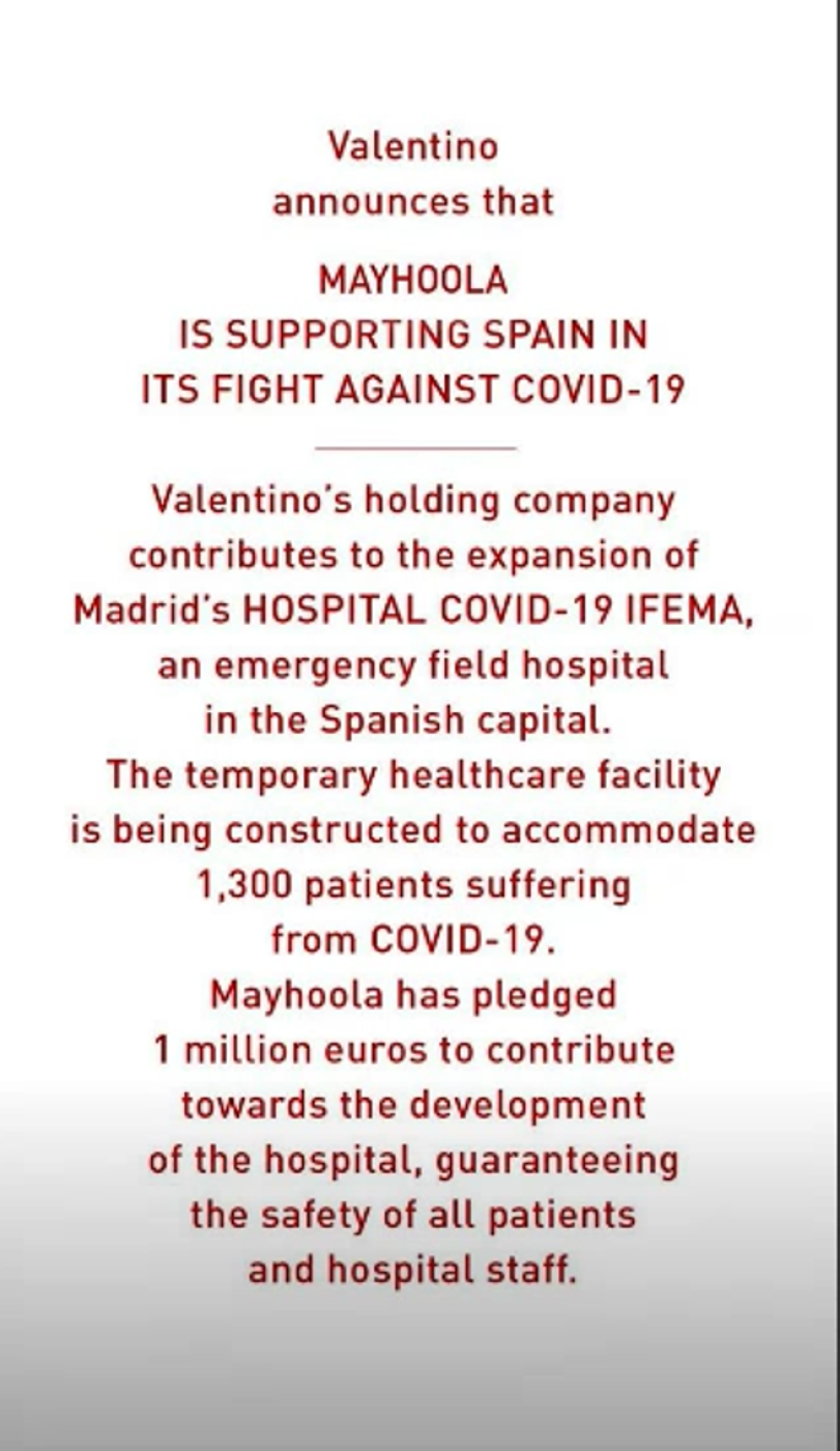 Valentino dona un millón de euros al hospital de ifema