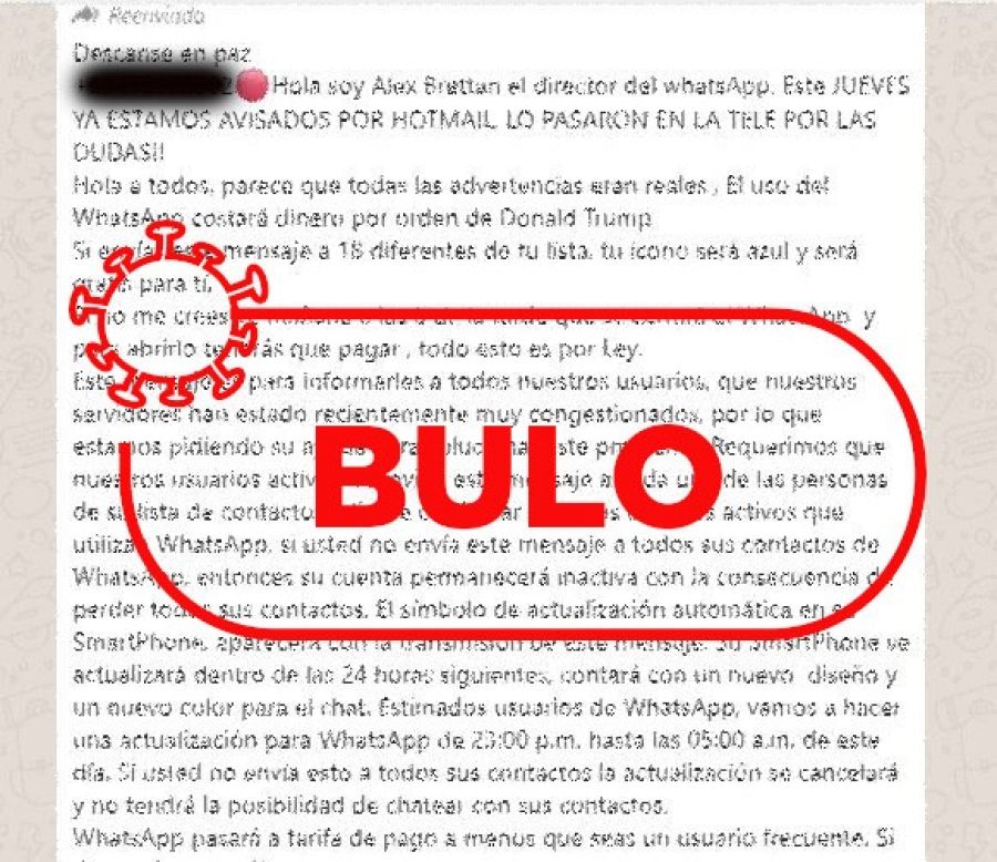 Captura sobre el bulo de hacer whatsapp dun servicio de pago.